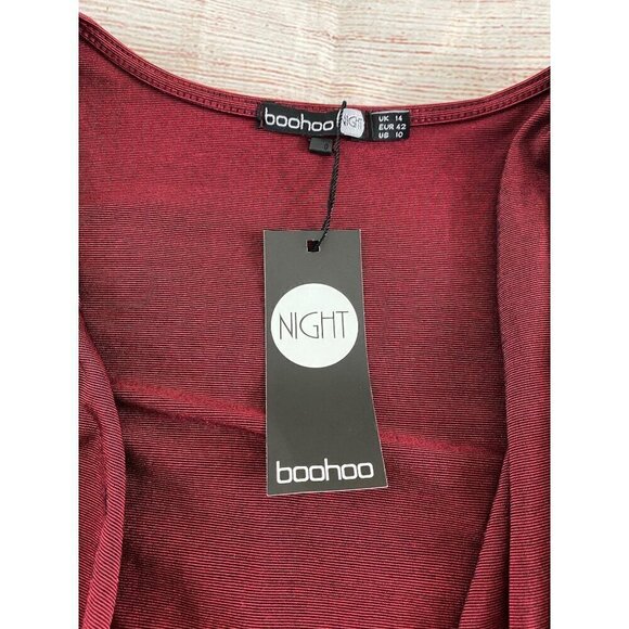 NWT BooHoo Burgundy Long Sleeve Ruched Bodice Dress - 10 - Picture 2 of 12